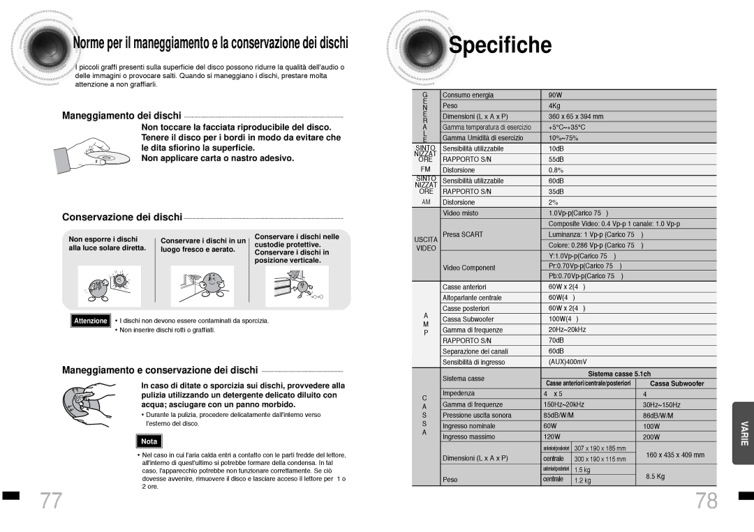 Samsung HTDS460RH/ELS, HTDS460RH/XFO manual Specifiche, Non esporre i dischi, Alla luce solare diretta Luogo fresco e aerato 