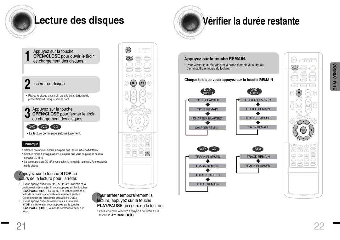 Samsung HTDS460RH/ELS manual Lecture des disques, Vérifier la durée restante, Appuyez sur la touche Remain 