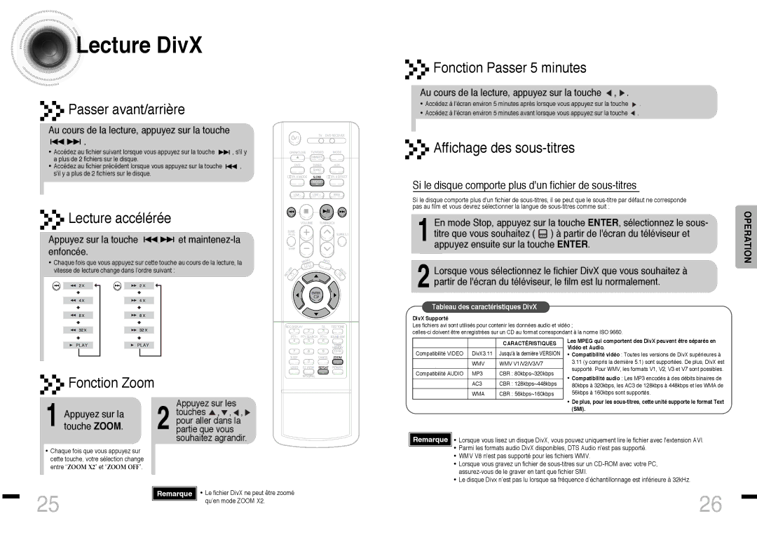 Samsung HTDS460RH/ELS manual Lecture DivX, Au cours de la lecture, appuyez sur la touche, Touche Zoom 