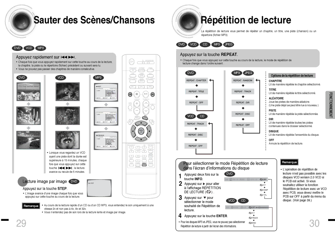 Samsung HTDS460RH/ELS manual Répétition de lecture, Sauter des Scènes/Chansons, Appuyez rapidement sur 