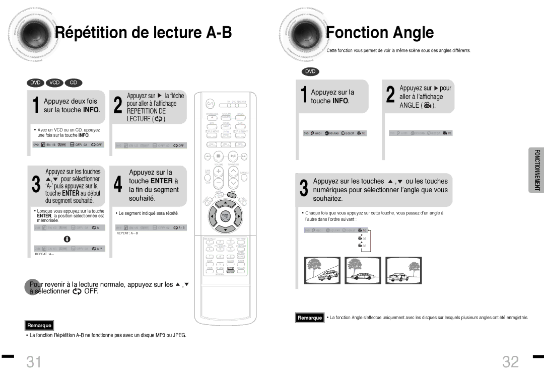 Samsung HTDS460RH/ELS manual Répétition de lecture A-B Fonction Angle, Appuyez deux fois sur la touche Info 