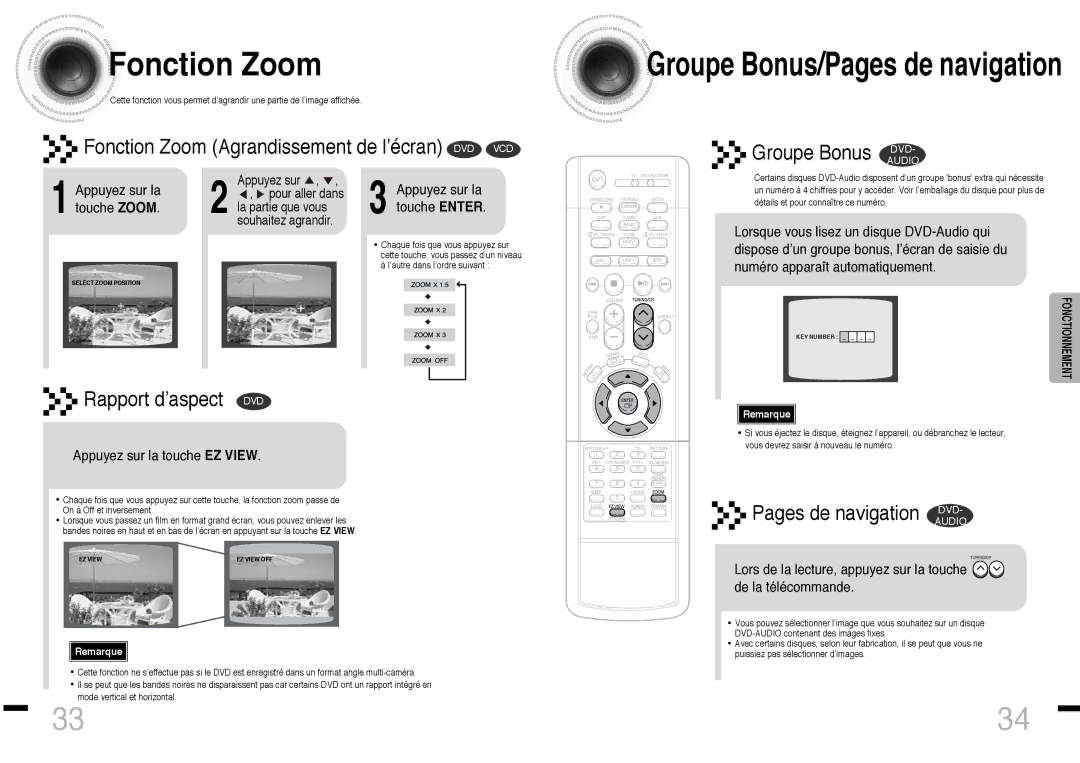 Samsung HTDS460RH/ELS manual Fonction Zoom, Groupe Bonus/Pages de navigation, Appuyez sur la touche Zoom 