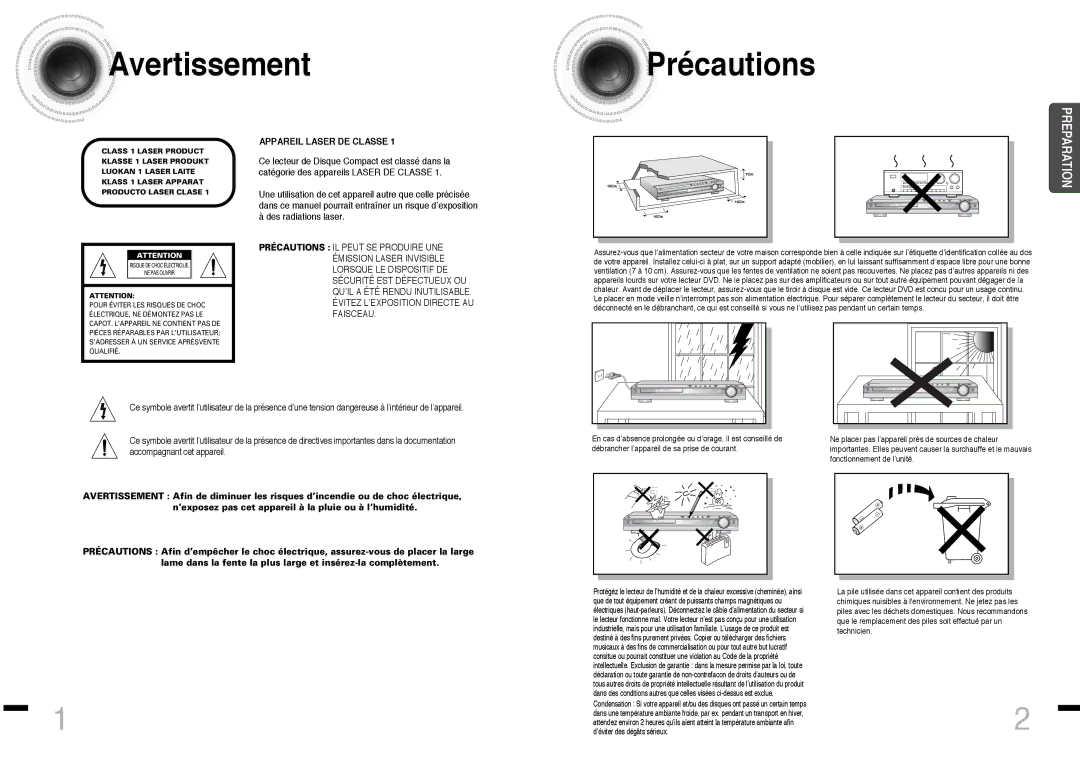 Samsung HTDS460RH/ELS manual Avertissement Précautions, Appareil Laser DE Classe 