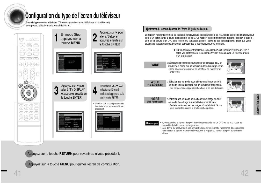 Samsung HTDS460RH/ELS manual Configuration du type de l’écran du téléviseur, 43LB, 43PS, Letterbox, 43 Pan&Scan 