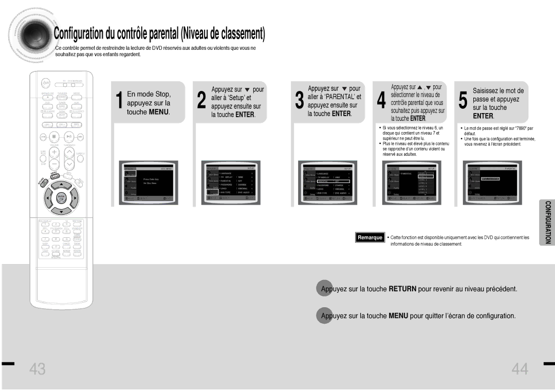 Samsung HTDS460RH/ELS manual Mode Stop, Saisissez le mot de, Passe et appuyez, Sur la touche 