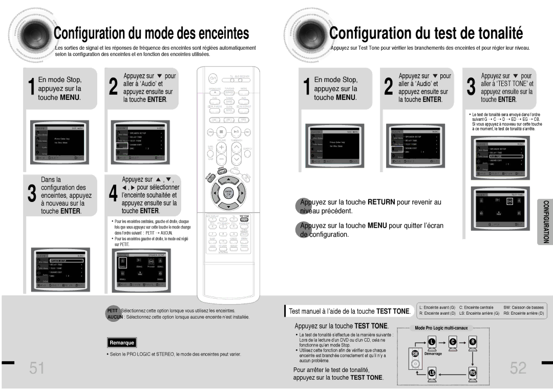 Samsung HTDS460RH/ELS manual Configuration du test de tonalité, 1touche Menu, Touche Menu 