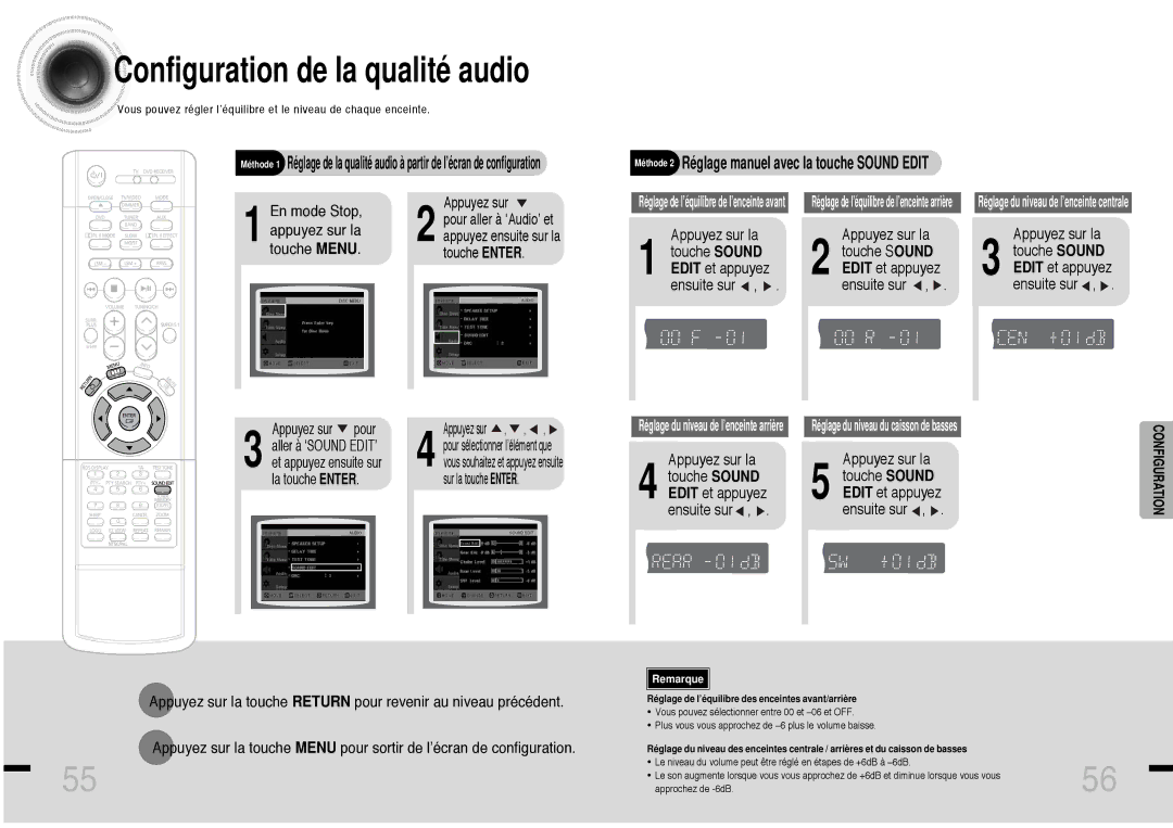 Samsung HTDS460RH/ELS manual Configuration de la qualité audio, Appuyez sur la Touche Sound Edit et appuyez ensuite sur 