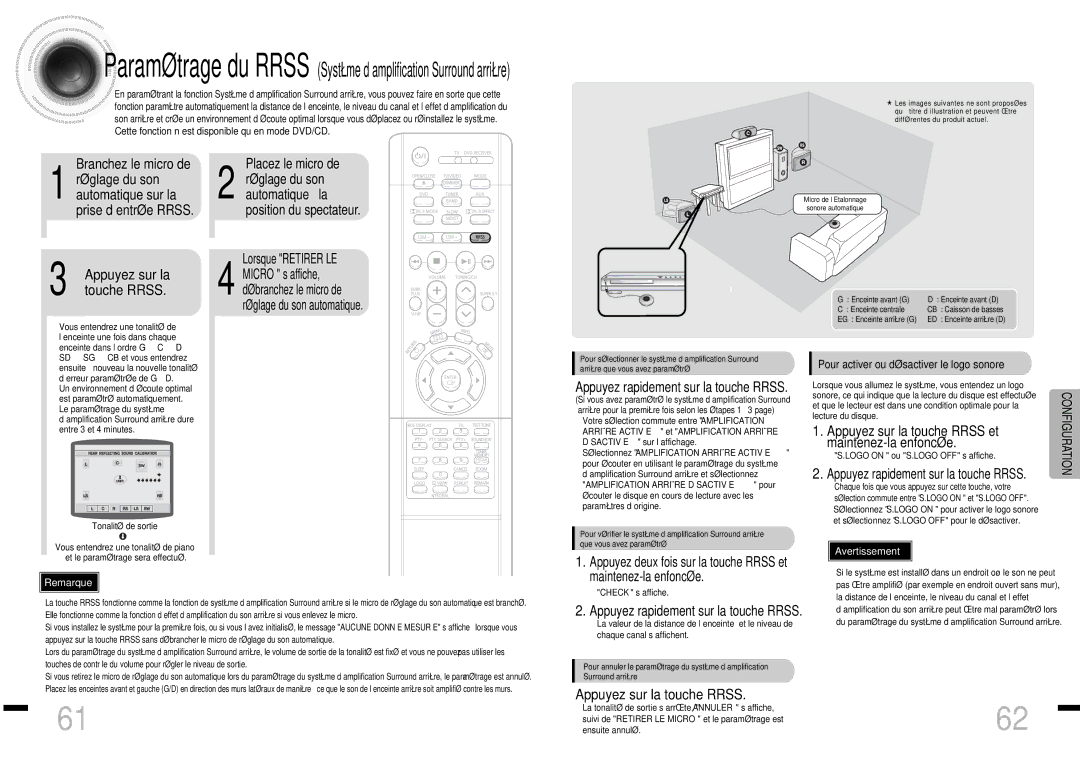 Samsung HTDS460RH/ELS manual Branchez le micro de, Réglage du son, Automatique sur la, Prise d’entrée Rrss, Touche Rrss 