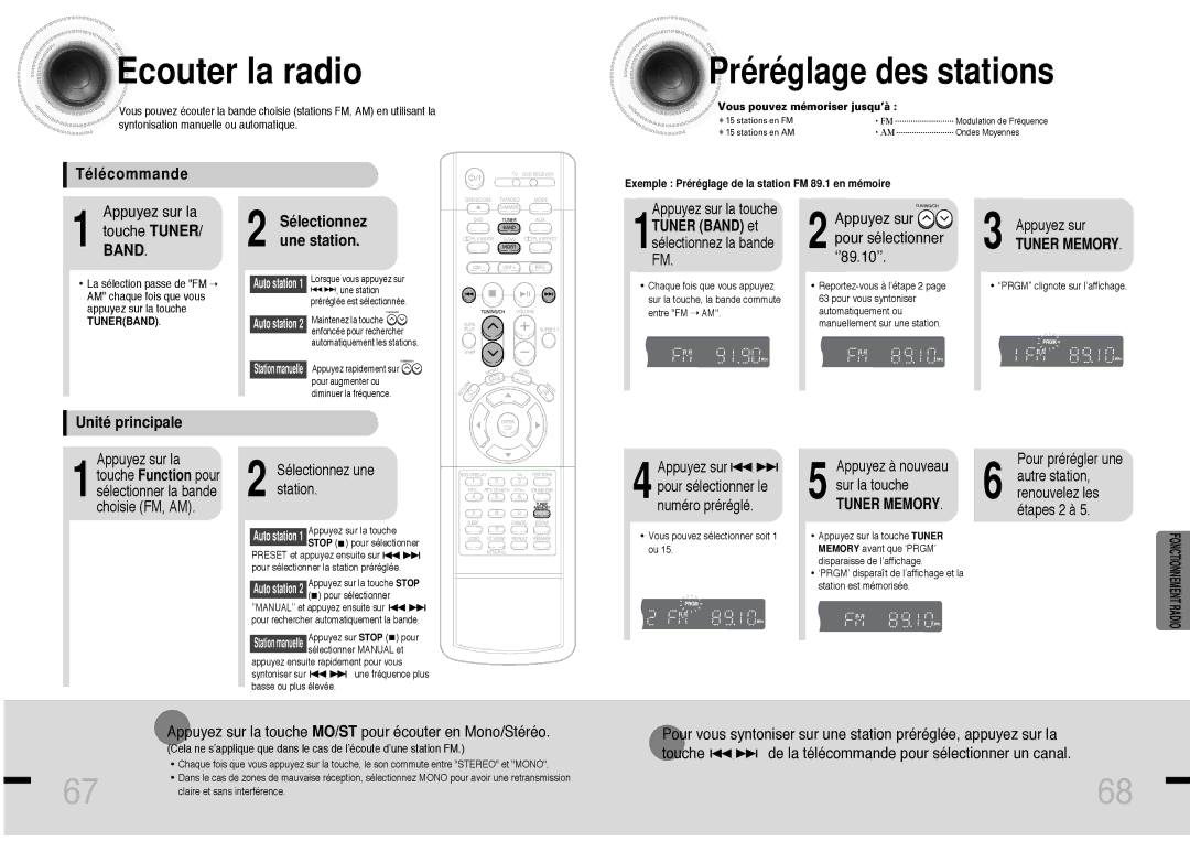 Samsung HTDS460RH/ELS Ecouter la radio, Préréglage des stations, Télécommande, Sélectionnez une station, Unité principale 