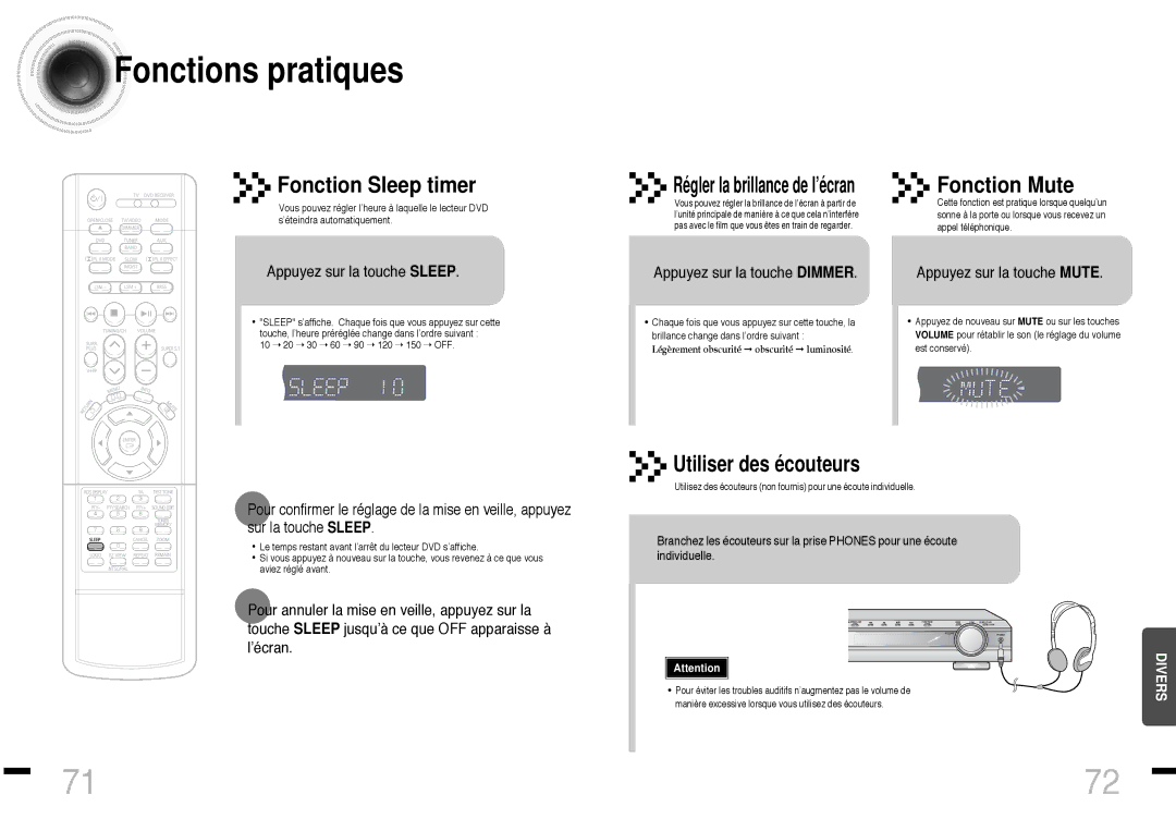 Samsung HTDS460RH/ELS manual Fonctions pratiques, Fonction Sleep timer, Fonction Mute, Régler la brillance de l’écran 