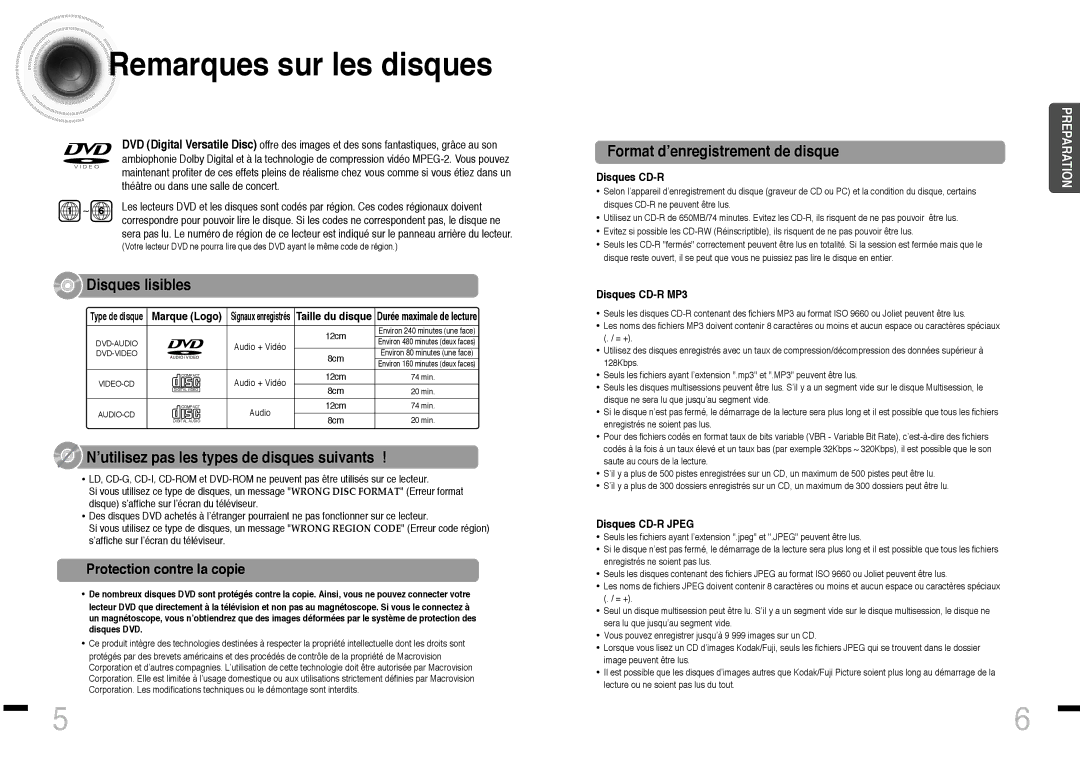 Samsung HTDS460RH/ELS manual Remarques sur les disques, Protection contre la copie, Disques CD-R MP3, Disques CD-R Jpeg 