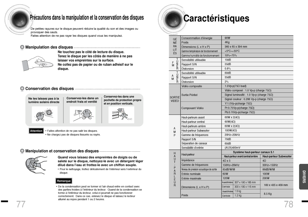 Samsung HTDS460RH/ELS manual Manipulation et conservation des disques, Ne les laissez pas à la 