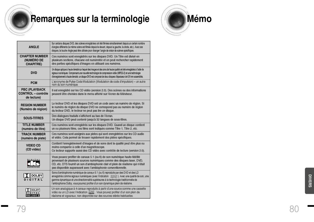 Samsung HTDS460RH/ELS manual Mémo, Remarques sur la terminologie 