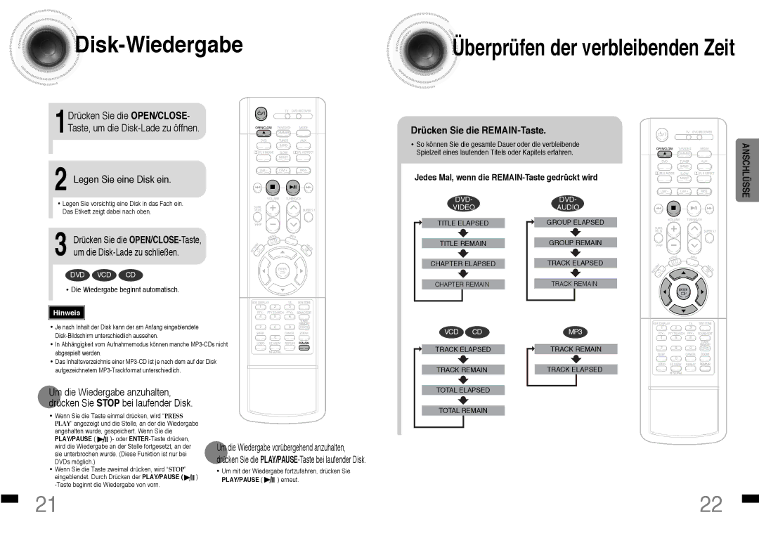 Samsung HTDS460RH/ELS manual Disk -Wiedergabe, Drücken Sie die REMAIN-Taste, Jedes Mal, wenn die REMAIN-Taste gedrückt wird 