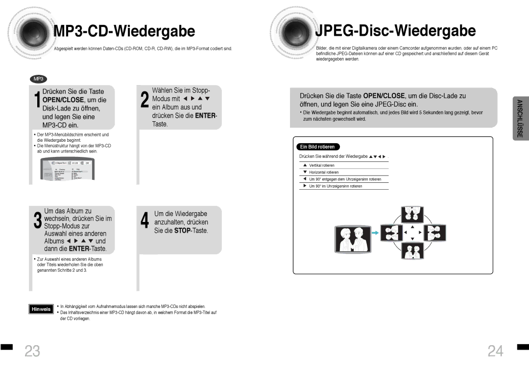 Samsung HTDS460RH/ELS manual MP3 -CD-Wiedergabe, Jpeg -Disc-Wiedergabe, Drücken Sie die Taste 