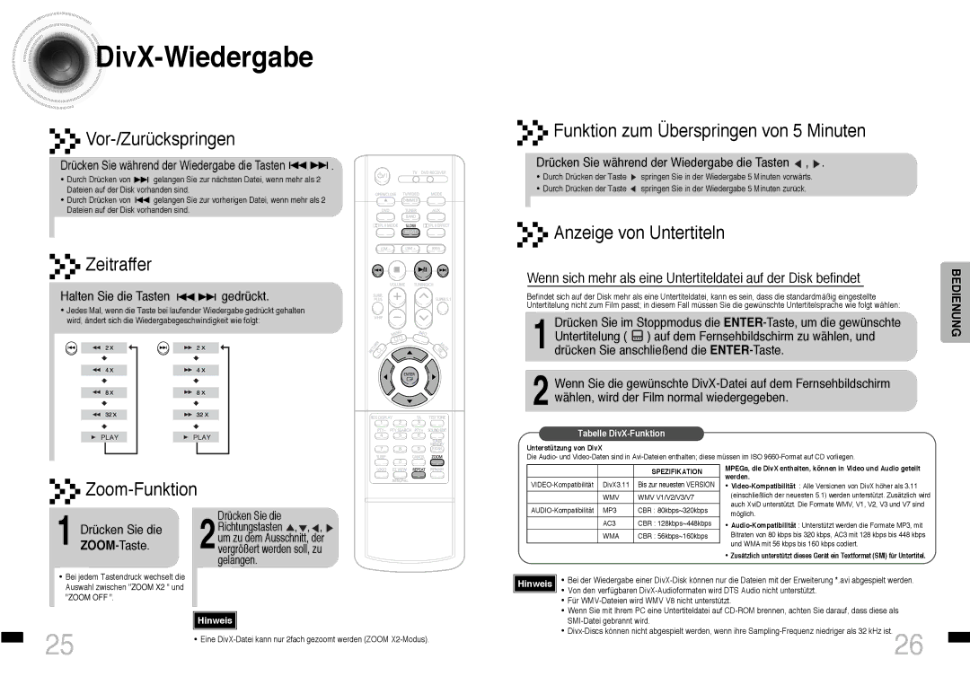 Samsung HTDS460RH/ELS DivX -Wiedergabe, Halten Sie die Tasten gedrückt, Drücken Sie während der Wiedergabe die Tasten 