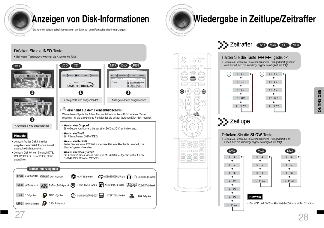 Samsung HTDS460RH/ELS manual Wiedergabe in Zeitlupe/Zeitraffer, Drücken Sie die INFO-Taste, Halten Sie die Taste gedrückt 