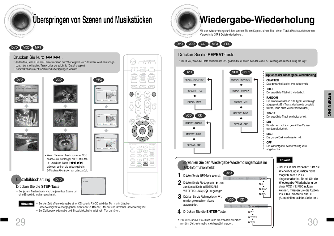 Samsung HTDS460RH/ELS manual Wiedergabe-Wiederholung, Überspringen von Szenen und Musikstücken, Drücken Sie kurz 