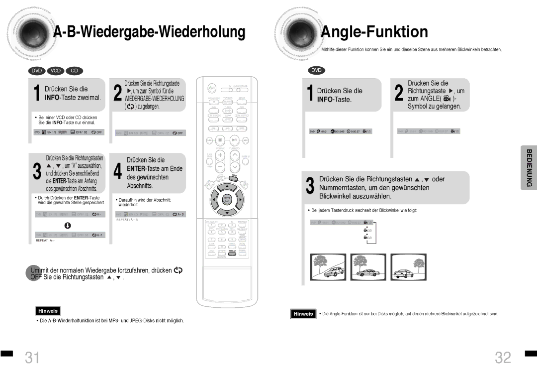 Samsung HTDS460RH/ELS manual Angle -Funktion, Wiedergabe-Wiederholung, Drücken Sie die INFO-Taste zweimal 