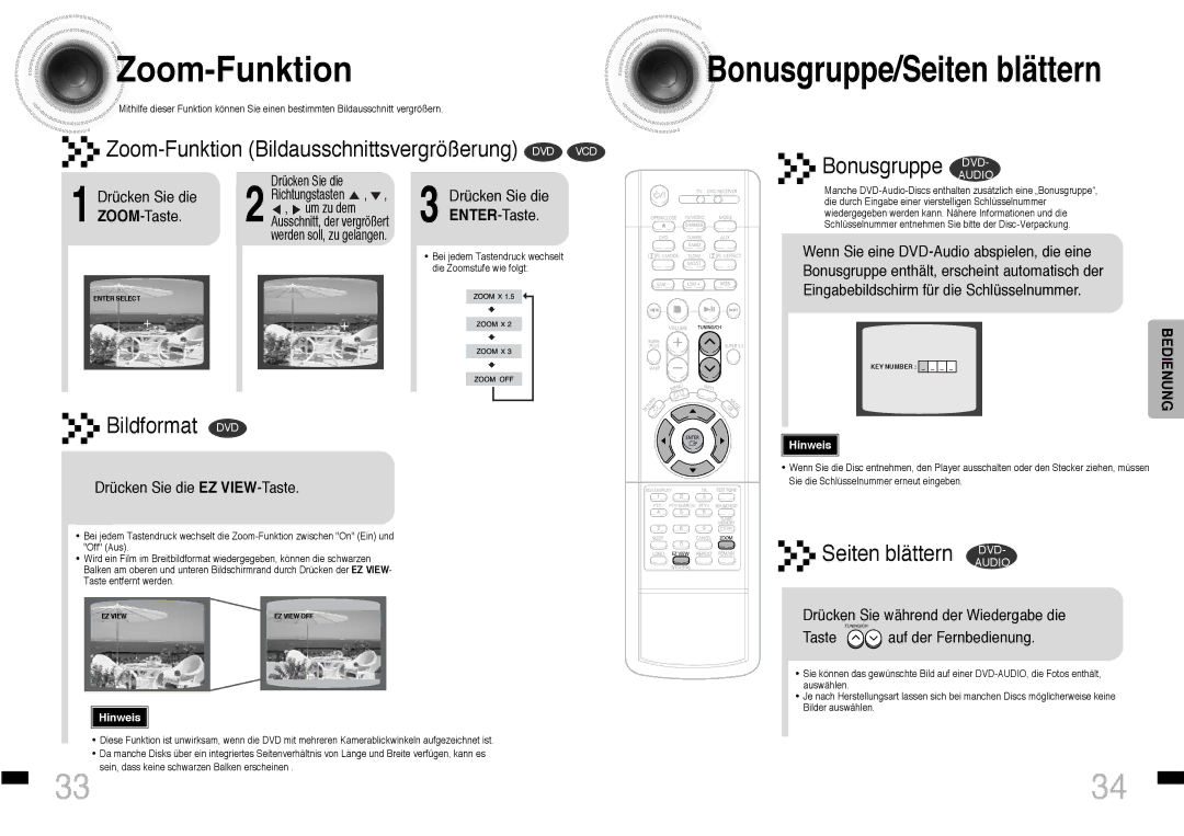 Samsung HTDS460RH/ELS manual Zoom -Funktion, Bonusgruppe/Seiten blättern, Drücken Sie die ENTER-Taste 