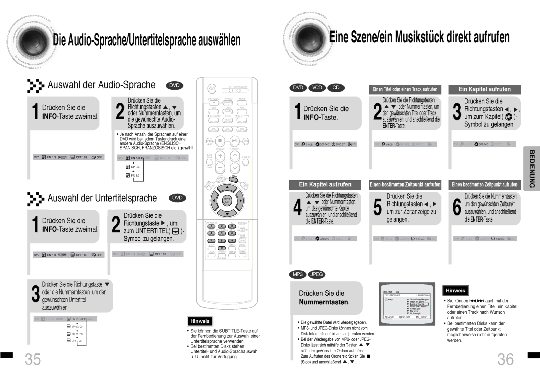 Samsung HTDS460RH/ELS manual Eine Szene/ein Musikstück direkt aufrufen, 1Drücken Sie die INFO-Taste, Nummerntasten 