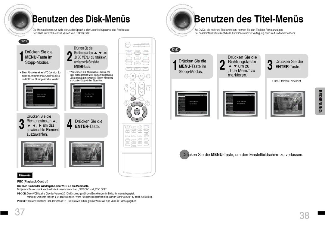 Samsung HTDS460RH/ELS manual Benutzen des Titel-Menüs, Benutzen des Disk-Menüs, 1MENU-Taste im Stopp-Modus 