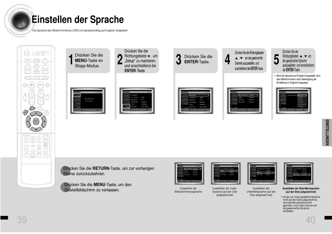 Samsung HTDS460RH/ELS manual Einstellen der Sprache, Drücken Sie die MENU-Taste im Stopp-Modus 