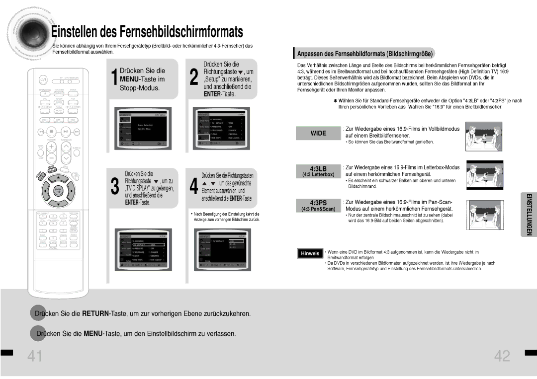 Samsung HTDS460RH/ELS manual 1Drücken Sie die MENU-Taste im Stopp-Modus, 43LB, 43PS 