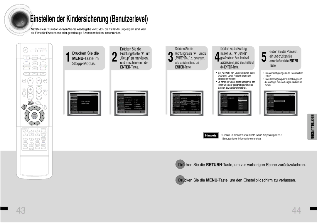 Samsung HTDS460RH/ELS manual Einstellen der Kindersicherung Benutzerlevel 