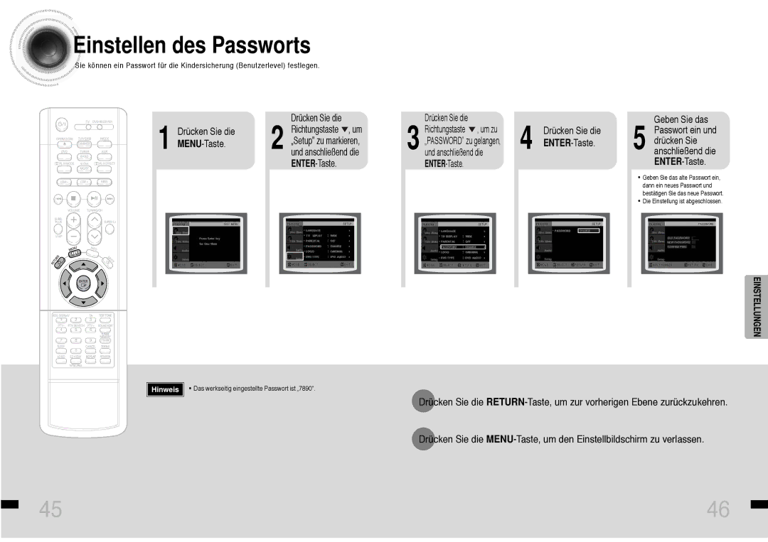 Samsung HTDS460RH/ELS manual Einstellen des Passworts, Drücken Sie die MENU-Taste, ENTER-Taste 