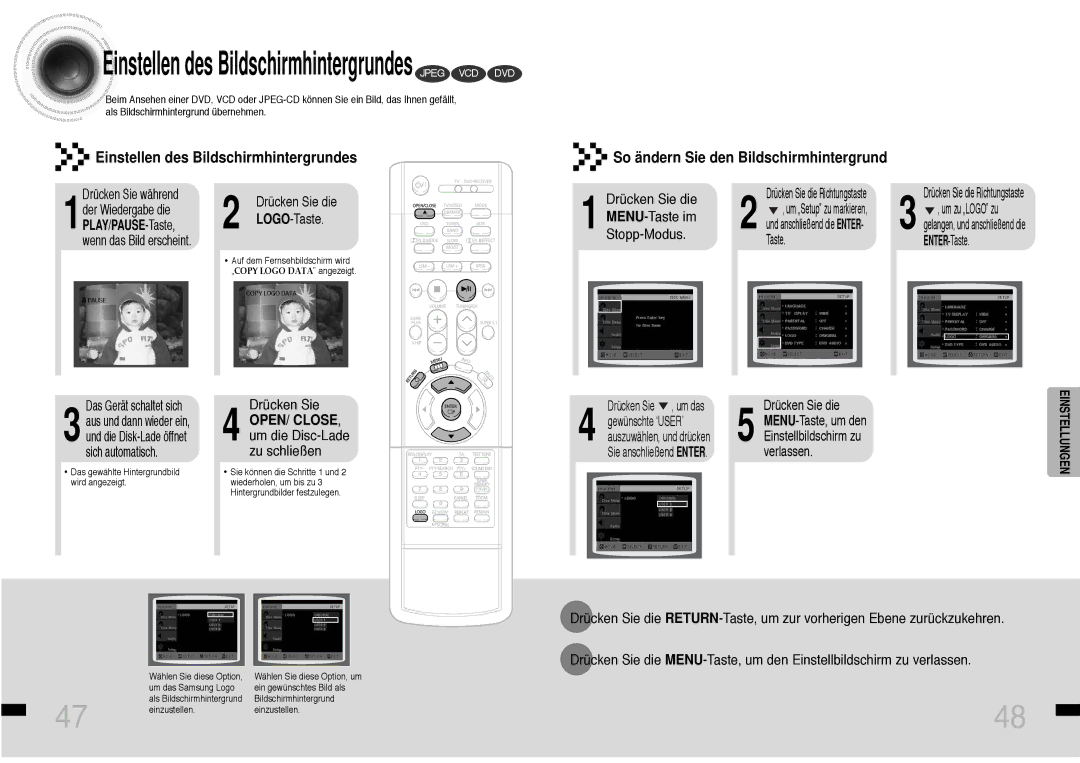 Samsung HTDS460RH/ELS MENU-Taste im, Stopp-Modus, Drücken Sie, OPEN/ CLOSE, um die Disc-Lade zu schließen, LOGO-Taste 