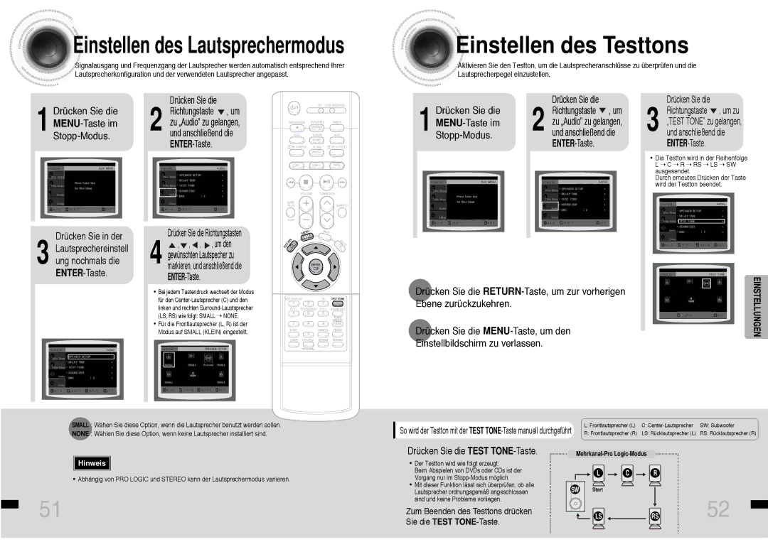 Samsung HTDS460RH/ELS manual Einstellen des Testtons, Drücken Sie die Test TONE-Taste 