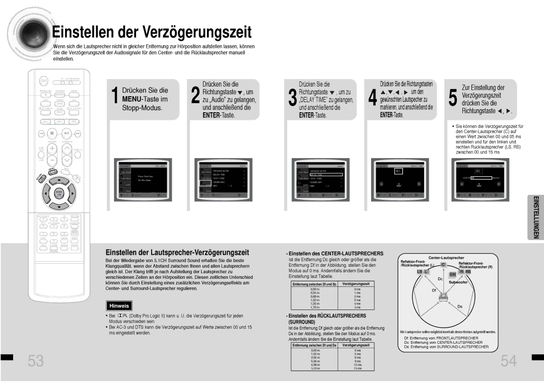 Samsung HTDS460RH/ELS manual Einstellen der Verzögerungszeit, Einstellen des CENTER-LAUTSPRECHERS 