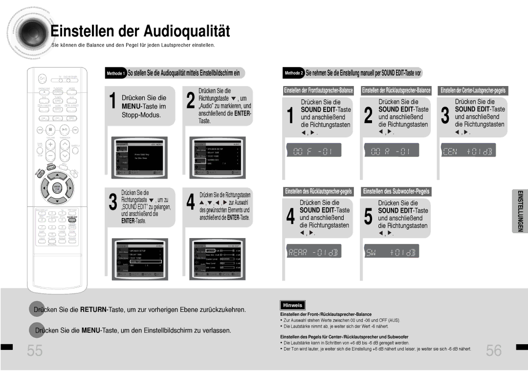 Samsung HTDS460RH/ELS manual Einstellen der Audioqualität, Sound EDIT-Taste und anschließend die Richtungstasten 