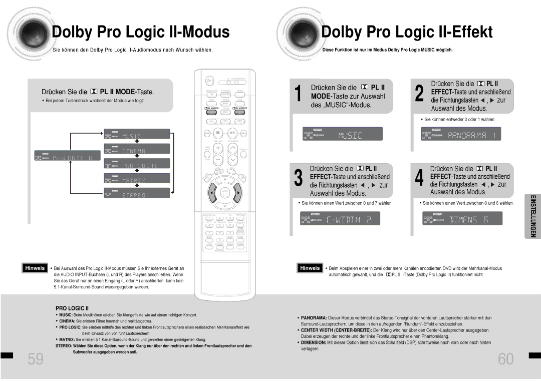 Samsung HTDS460RH/ELS manual Dolby Pro Logic II-Modus, Dolby Pro Logic II-Effekt, Drücken Sie die PL II MODE-Taste, Zur 