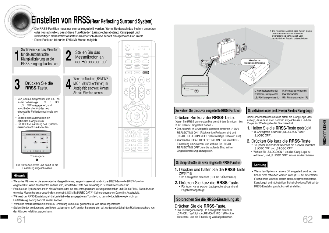 Samsung HTDS460RH/ELS manual Einstellen von RRSSRear Reflecting Surround System 