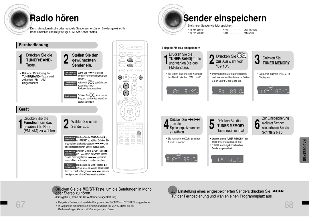 Samsung HTDS460RH/ELS manual Radio hören, Sender einspeichern, Fernbedienung, Gerät 