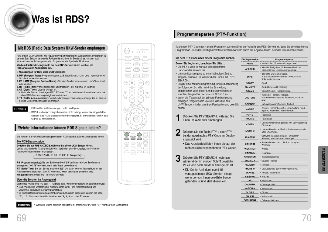 Samsung HTDS460RH/ELS manual Was ist RDS?, Programmsparten PTY-Funktion, Mit RDS Radio Data System UKW-Sender empfangen 