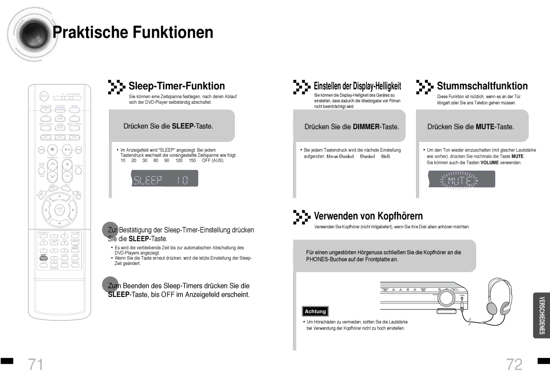 Samsung HTDS460RH/ELS Praktische Funktionen, Sleep-Timer-Funktion, Drücken Sie die SLEEP-Taste, Drücken Sie die MUTE-Taste 