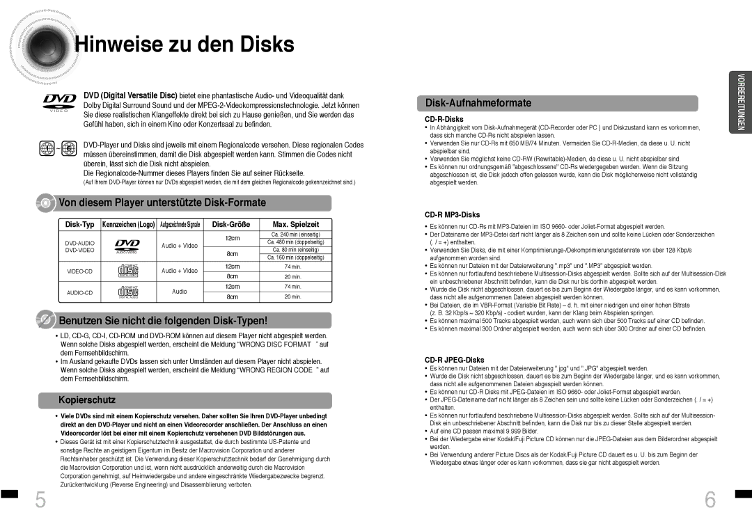 Samsung HTDS460RH/ELS manual Hinweise zu den Disks, Kopierschutz 