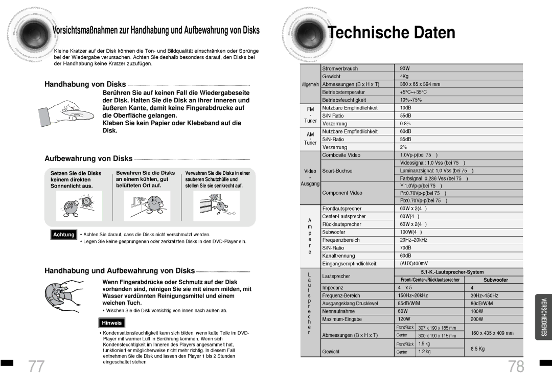 Samsung HTDS460RH/ELS manual Technische Daten, Kleben Sie kein Papier oder Klebeband auf die Disk, Bewahren Sie die Disks 