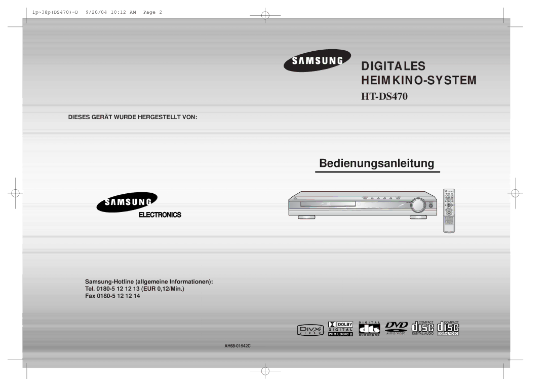 Samsung HTDS470RH/EDC manual Digital Home Cinema System 