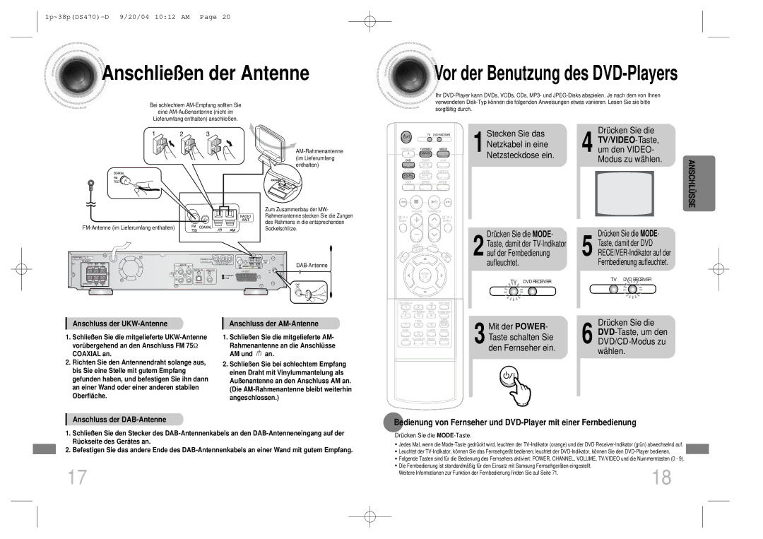 Samsung HTDS470RH/EDC manual Mit der POWER- Taste schalten Sie den Fernseher ein, DVD-Taste, um den DVD/CD-Modus zu wählen 