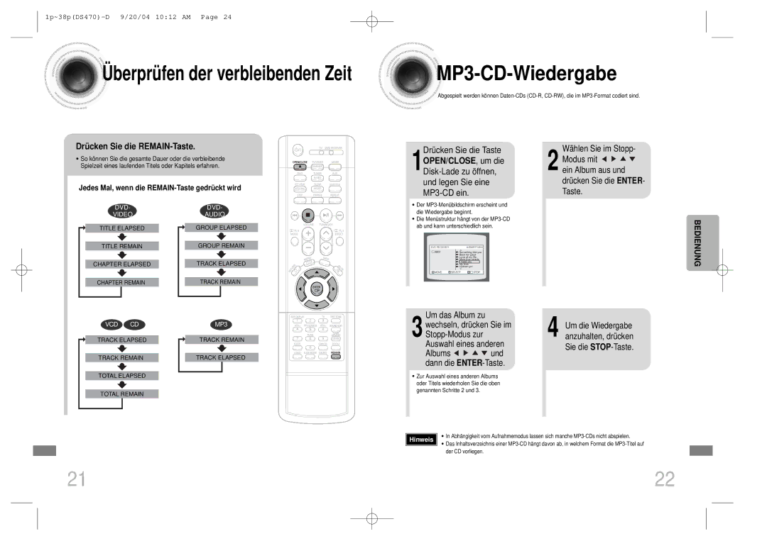 Samsung HTDS470RH/EDC manual MP3-CD-Wiedergabe, Drücken Sie die REMAIN-Taste, Drücken Sie die Taste 