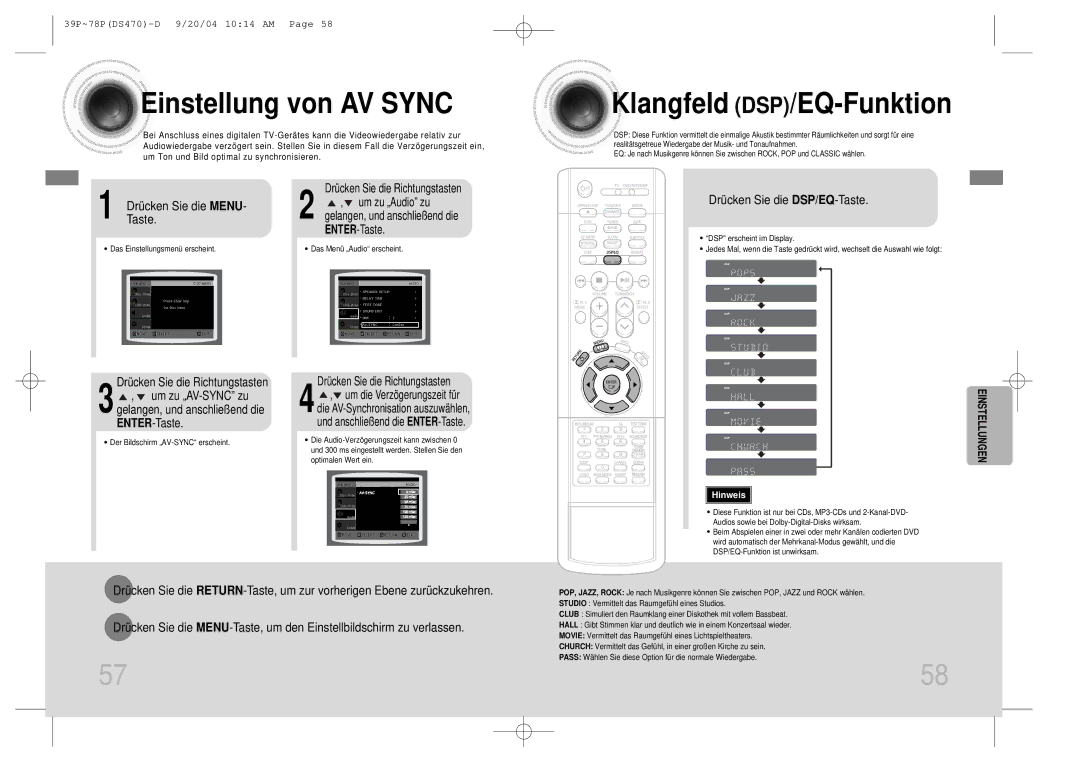 Samsung HTDS470RH/EDC manual Einstellung von AV Sync, Klangfeld DSP/EQ-Funktion, DrückenTaste. Sie die Menu 