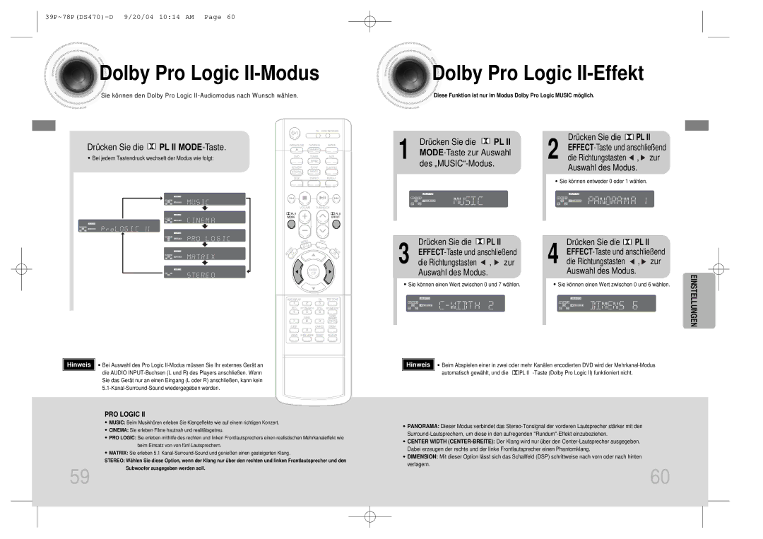 Samsung HTDS470RH/EDC manual Dolby Pro Logic II-Modus, Dolby Pro Logic II-Effekt, Drücken Sie die PL II MODE-Taste, Zur 