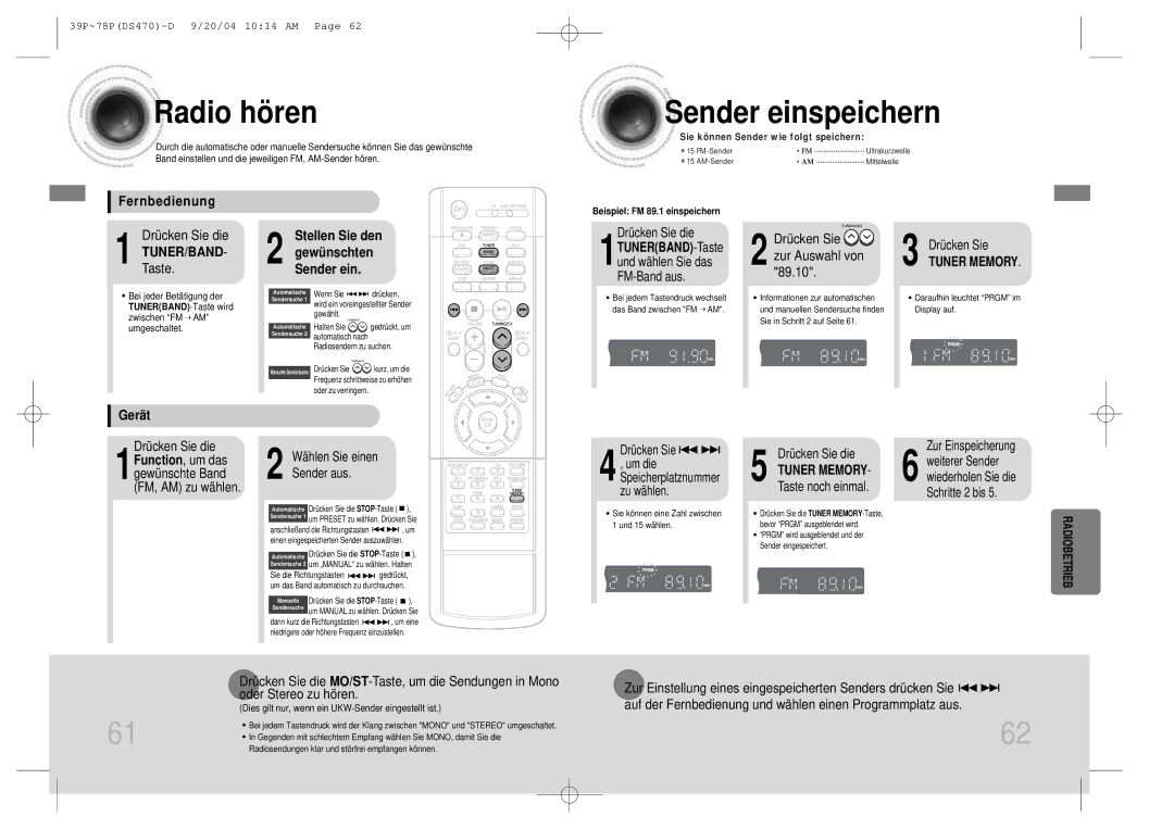 Samsung HTDS470RH/EDC manual Radio hören, Sender einspeichern, Fernbedienung, Gerät 