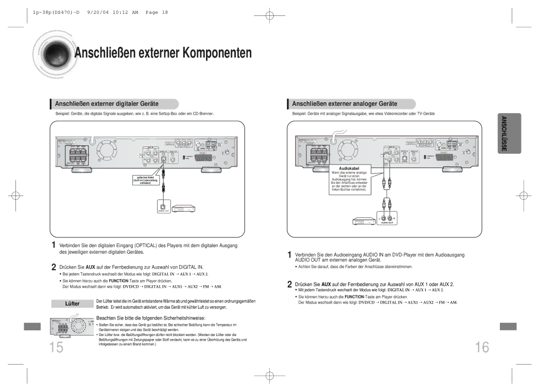 Samsung HTDS470RH/EDC manual Lüfter, Beachten Sie bitte die folgenden Sicherheitshinweise 