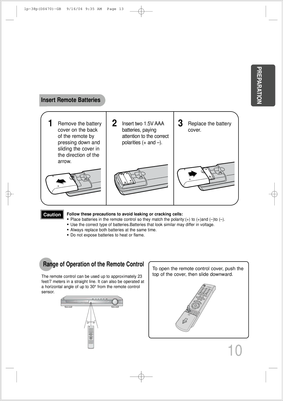 Samsung HTDS470RH/EDC manual Insert Remote Batteries, Range of Operation of the Remote Control 