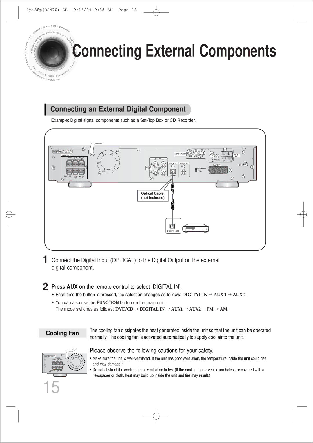 Samsung HTDS470RH/EDC manual Connecting External Components, Cooling Fan 